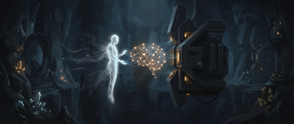 Luminous spirit reaching toward a glowing network beside futuristic structures